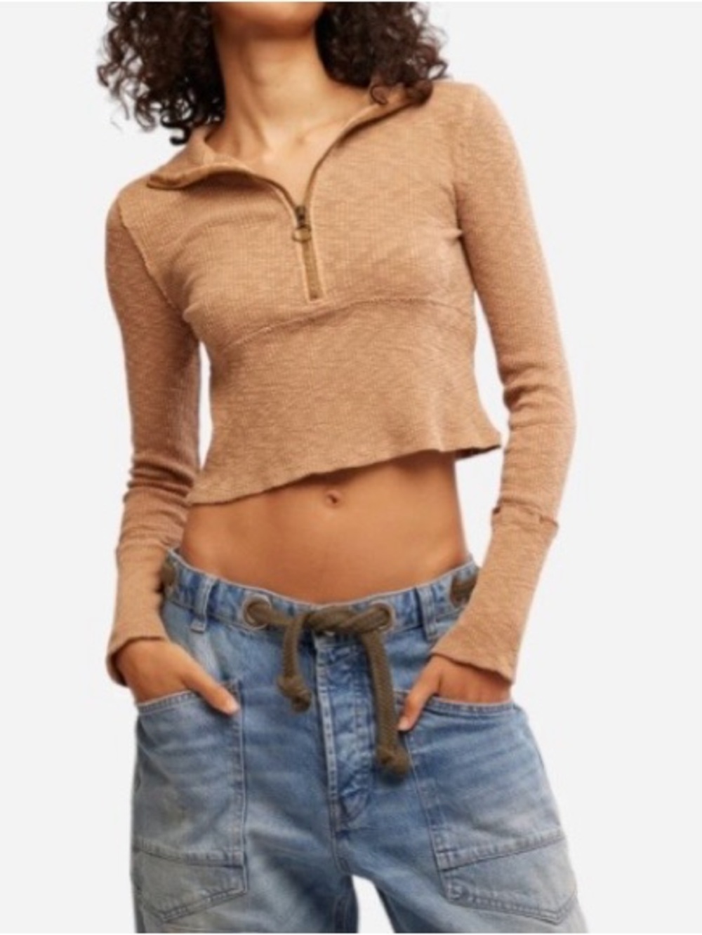 Free People Midnight Half Zip in Tobacco ribbed crop top XS thumbholes